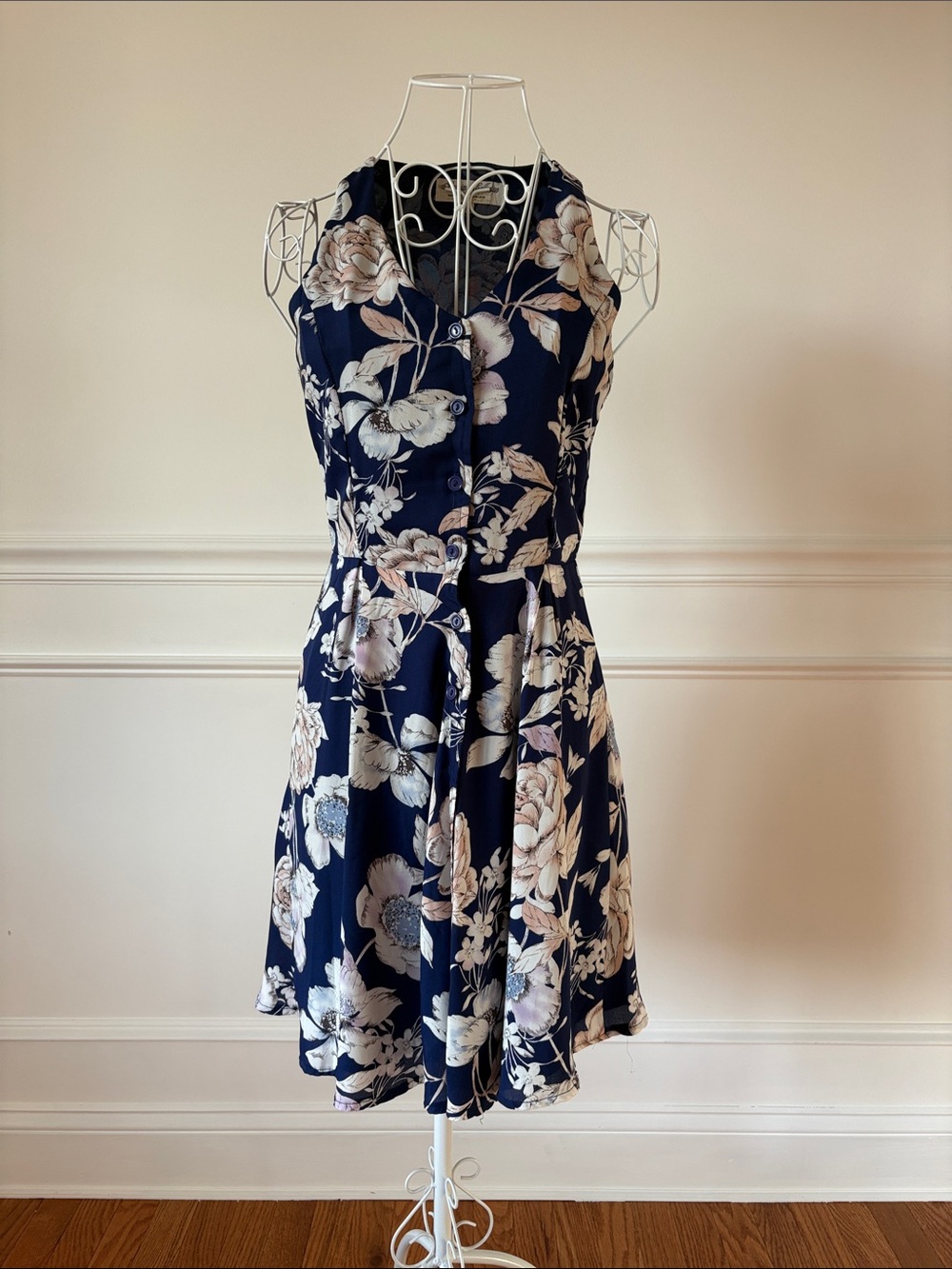 Navy Floral Sleeveless Button-Front Mini Dress